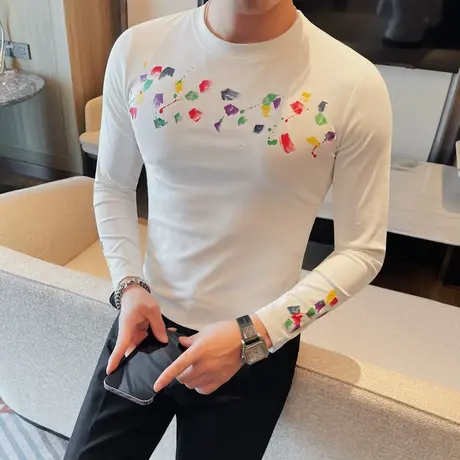 春季长袖T恤男潮流韩版修身内搭t恤高级感时尚涂鸦印花潮牌打底衫商品大图