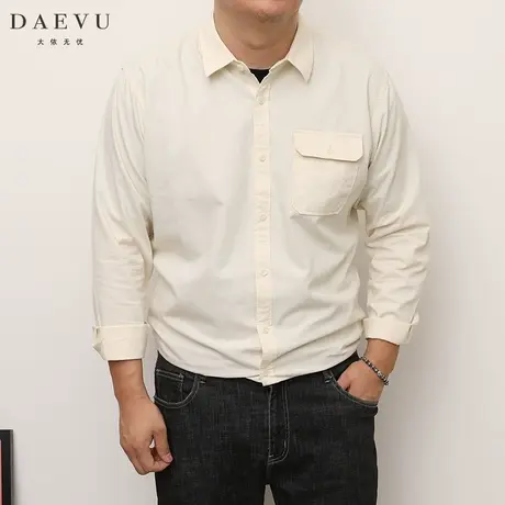 DAEVU秋款低饱和杏色韩版潮胖子大号加肥加大码男士长袖衬衫衬衣商品大图
