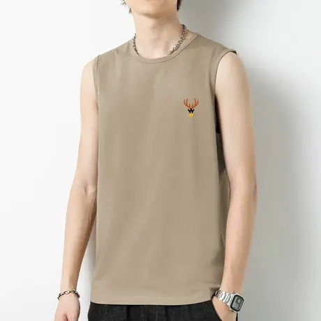 莫代尔棉背心男士夏季薄款冰丝速干运动坎肩鹿头健身宽肩无袖t恤商品大图