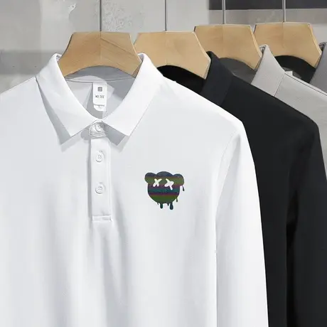 丝光珠地棉翻领t恤白色polo衫男士长袖有领秋衣服小熊带领打底衫图片