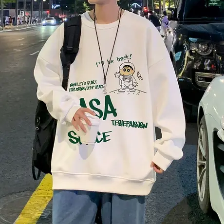 圆领宽松美式卫衣男春秋季潮牌休闲外套日系上衣服潮流套头打底衫商品大图