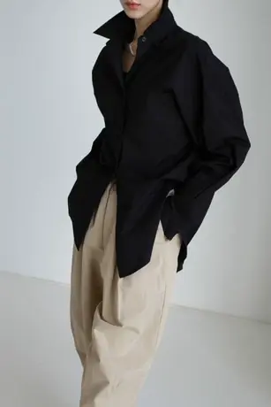 春秋复古港味宽松纯棉黑白经典长袖衬衫中长款简约翻领叠穿衬衣女商品大图