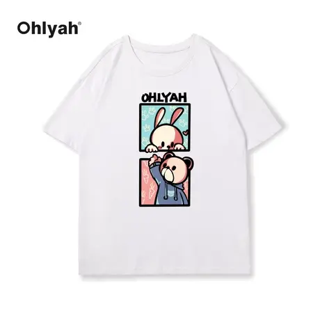 Ohlyah卡通小熊印花潮牌纯棉圆领T恤女中性情侣黑色短袖班服定制商品大图