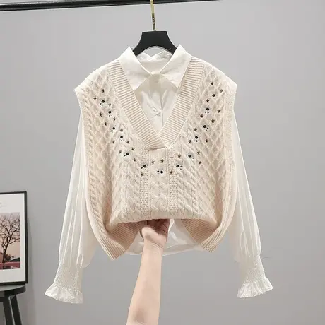 针织背心马甲女秋装2022新款无袖毛衣坎肩洋气绣花刺绣上衣女马夹商品大图