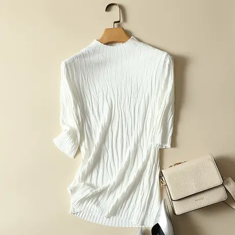 春装2023年新款冰丝针织打底衫女薄款内搭半高领上衣宽松短袖t恤商品大图