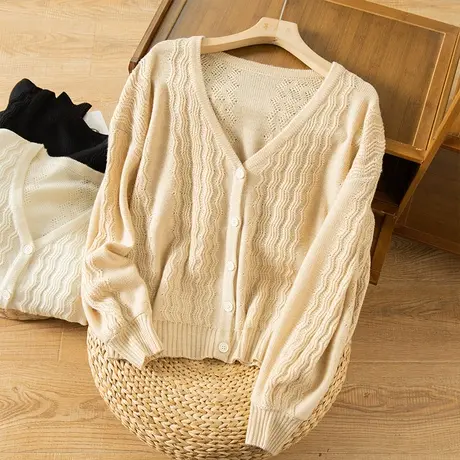 享永子三七毛羊毛针织开衫女春秋绞花毛衣外套女复古日系2023新款商品大图