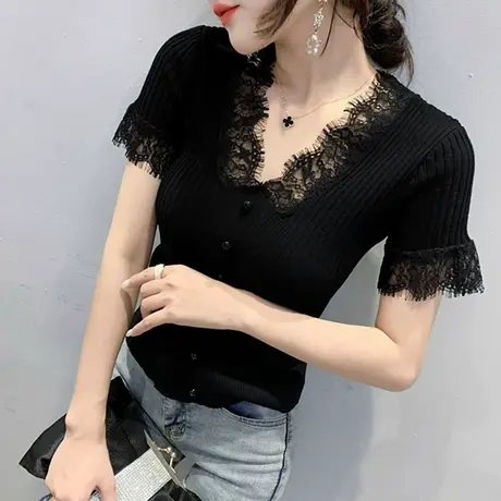 蕾丝拼接针织短袖女夏装2023新款性感V领上衣洋气百搭显瘦T恤女潮图片