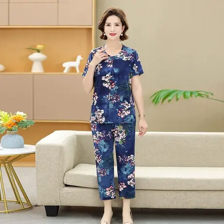 中老年冰丝女装奶奶夏装肥妈胖妈妈大码短袖t恤80岁老人套装薄款图片