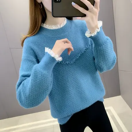 女士蕾丝水貂绒毛衣女冬季加厚2021年爆款时尚洋气针织打底衫内搭商品大图