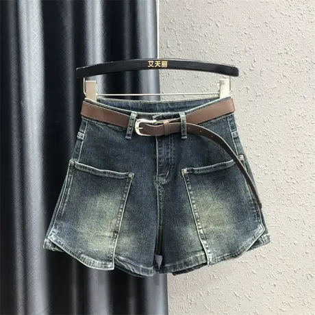 复古怀旧洋气牛仔短裤女2023秋季新款时尚口袋高腰显瘦A字阔腿裤商品大图