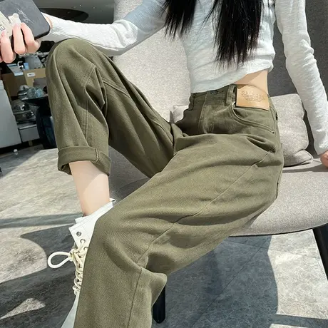 军绿色老爹牛仔裤女2023春秋新款高腰直筒宽松显瘦九分萝卜哈伦裤商品大图