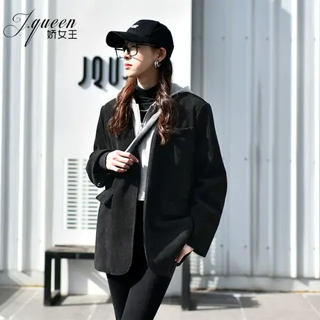 灯芯绒西装外套女秋季2023新款夹棉加厚休闲假两件连帽黑色小西服商品大图