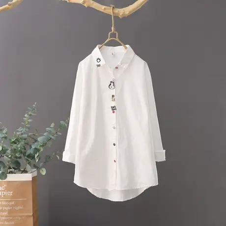 文艺范刺绣白色衬衫女宽松2023春装新款白衬衣韩版长袖打底衫上衣商品大图