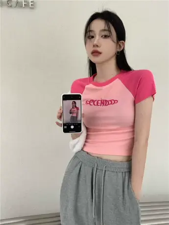 粉色正肩短袖t恤女ins潮夏装短款洋气卡腰小衫螺纹甜辣妹紧身上衣商品大图