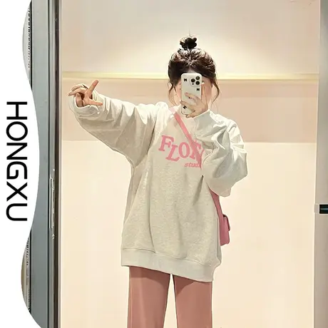 红续冬季新款圆领套头卫衣女小清新字母印花宽松百搭显瘦加绒上衣图片