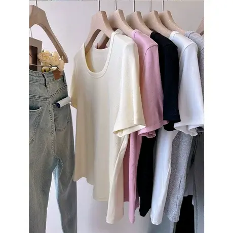 韩国one人手B备 版型绝绝子 方领露锁骨螺纹棉百搭弹力短袖T恤女商品大图