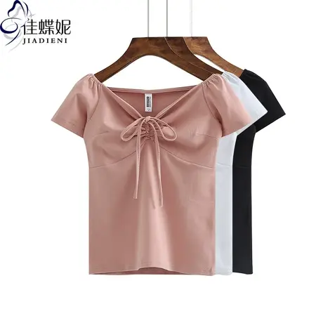 夏季新款纯棉一字领修身短袖体恤上衣打底衫女装韩版内搭显瘦T恤商品大图