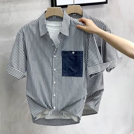 男装夏季短袖衬衫日系条纹工装潮流5分中袖设计感宽松衬衣男外穿商品大图