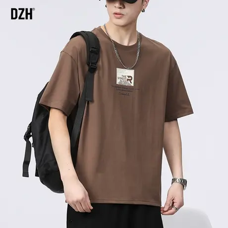 男士咖啡色纯棉t恤2023新款男美式短袖夏季男款半袖男装夏装体恤商品大图