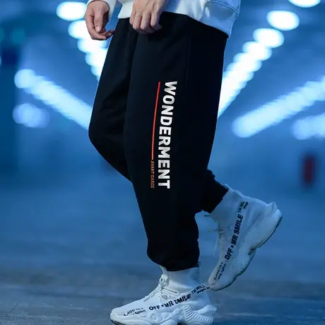 纯棉卫裤加肥加大码潮牌黑色加绒胖子休闲运动篮球裤字母束脚裤商品大图