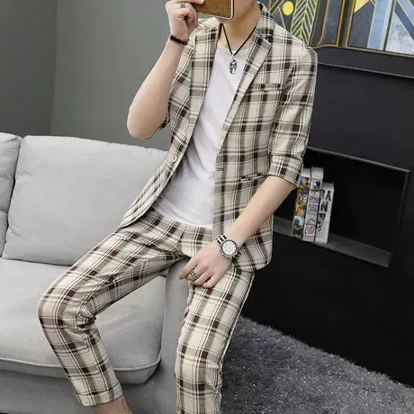 西服男夏季男士小西装男短袖韩版修身七分袖三件套装潮流休闲中袖商品大图
