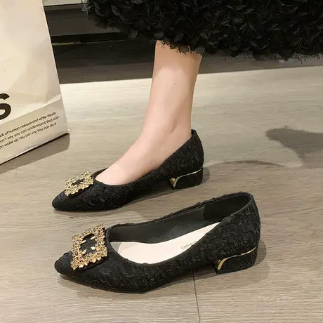 永希单鞋女夏季2023年新款粗跟尖头女鞋水钻浅口一脚蹬气质高跟鞋商品大图