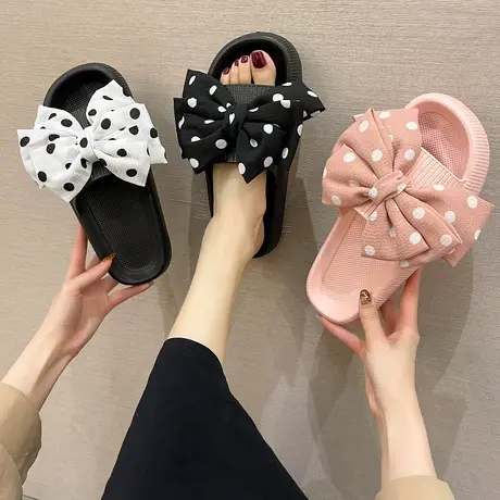 可爱波点蝴蝶结拖鞋女夏外穿时尚厚底百搭室内防滑一字凉拖沙滩鞋商品大图