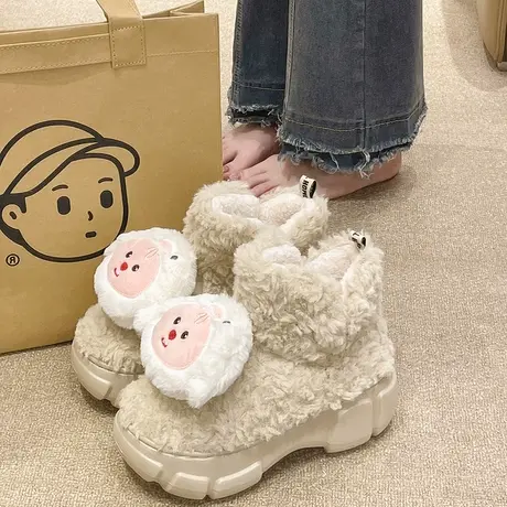 毛毛棉鞋女冬季冬季外穿卡通可爱包跟加绒保暖松糕厚底增高雪地靴商品大图