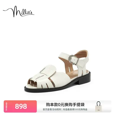 millie's妙丽2025夏季舒适露趾金属扣复古编织罗马凉鞋女A2107BL4商品大图