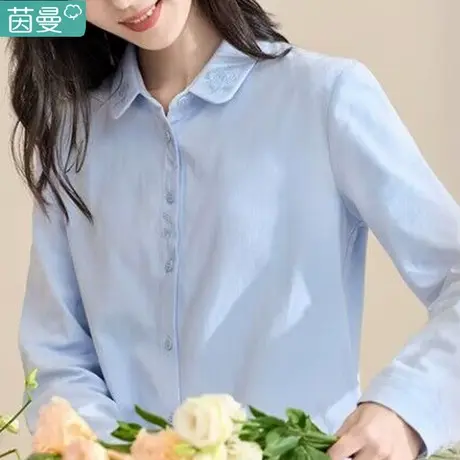 茵曼官方旗舰店白色长袖衬衫纯棉衬衣2023新款女法式上衣秋冬季商品大图