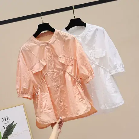 设计感小众法式休闲气质褶皱抽绳棉布短袖衬衫上衣女2023夏新款仙商品大图