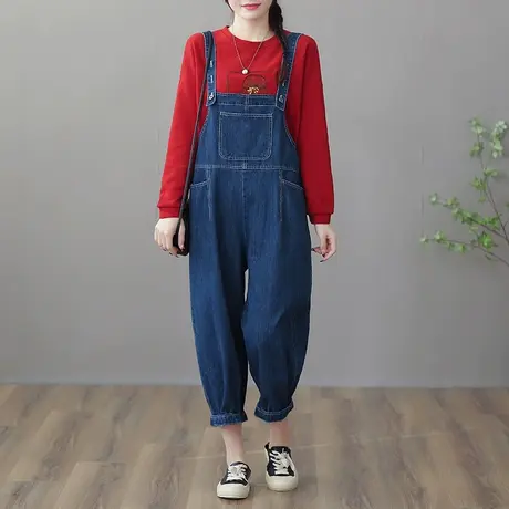 dza 文艺复古口袋牛仔背带裤子女士春季宽松阔腿裤休闲九分直筒裤图片