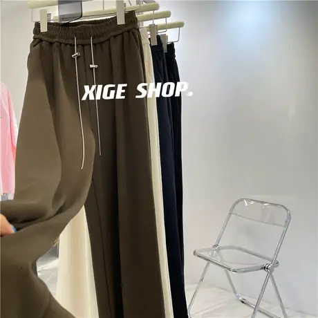 链条抽绳设计感高腰坑条休闲裤女秋冬2022新款垂感显瘦拖地直筒裤商品大图