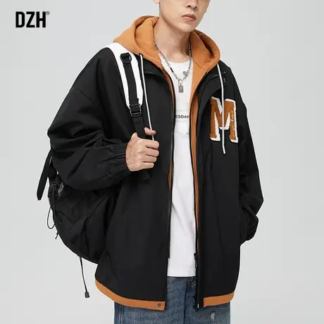 男生假两件连帽外套男春秋季2023新款日系冲锋衣宽松休闲运动夹克商品大图