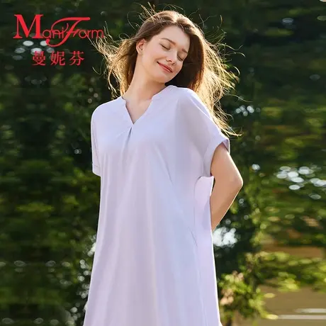 曼妮芬宽松版型圆领半开襟短袖裙装女士家居服舒适睡裙20310879商品大图