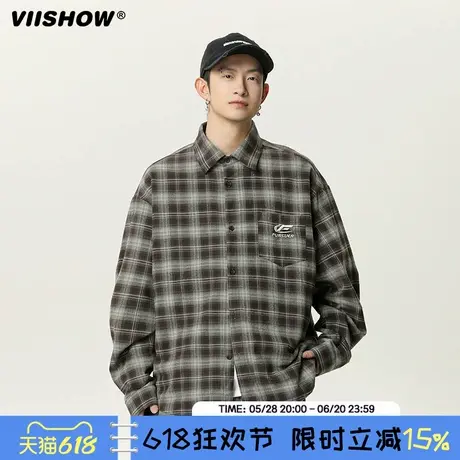 VIISHOW春季复古格子刺绣长袖衬衫男女潮牌美式宽松情侣格纹衬衣图片