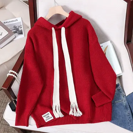 女士兔年红色本命年毛衣女加厚冬季2023年新款爆款帽子衫打底衫女图片