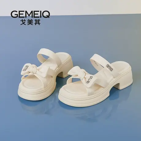 戈美其商场同款厚底凉鞋女夏外穿2025新款蝴蝶结一字带坡跟高跟鞋图片