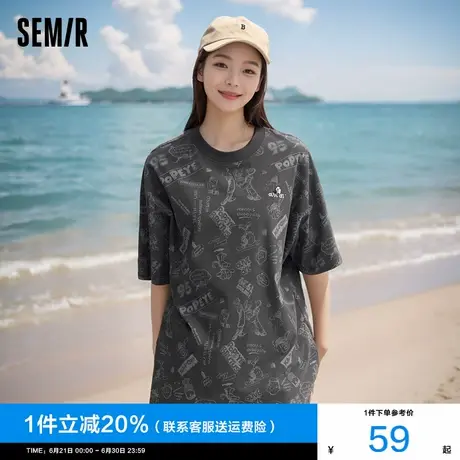 凉感T|森马大力水手联名短袖T恤女中长款oversize夏抗菌满印衣服商品大图