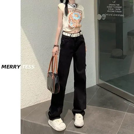黑色破洞直筒牛仔裤女2023年夏季新款设计感高腰显瘦修身阔腿裤子商品大图