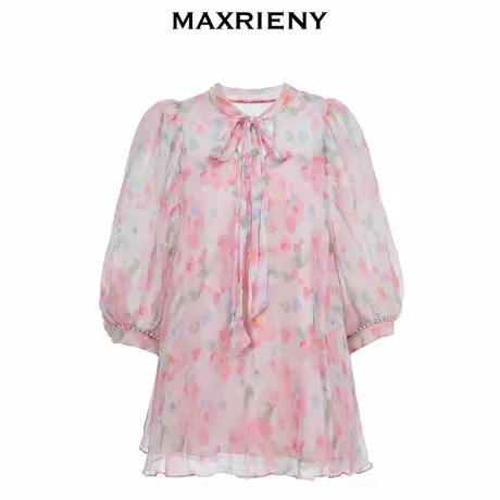 【奥莱】MAXRIENY碎花系带真丝上衣V领泡泡袖衬衫图片