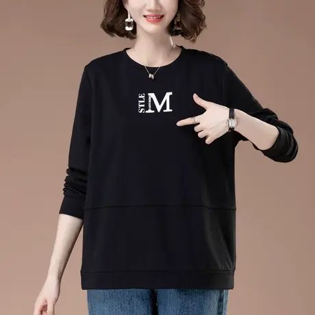 圆领卫衣女春秋季宽松加肥加大码女装中老年妈妈拼接百搭显瘦上衣商品大图