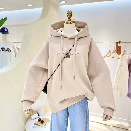 春秋百搭简约植绒立体刺绣兔子卡通宽松显瘦连帽卫衣女外套帽衫潮商品大图