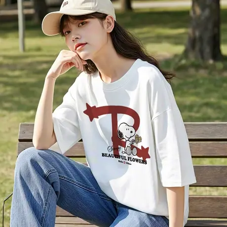 【史努比联名款】唐狮春季女新款短袖T恤休闲百搭纯棉上衣官方图片