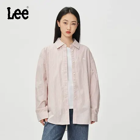 Lee商场同款25秋冬新品宽松版三角徽标Logo条纹卡其色女长袖衬衫商品大图