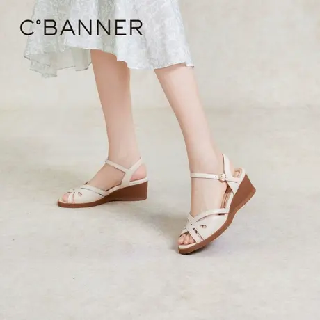 千百度羊皮坡跟时装凉鞋女款夏季新款露趾法式编织通勤凉鞋图片