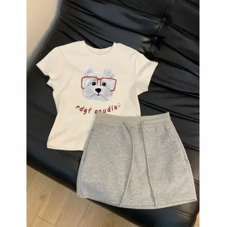 绝美俏皮可爱小狗印花设计感棉短袖t恤女夏季圆领正肩修身上衣服商品大图