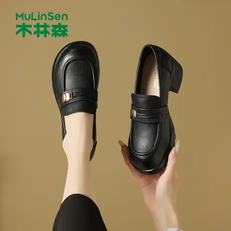木林森女鞋2025年春秋季新款粗跟一脚蹬乐福鞋女士通勤百搭小皮鞋图片