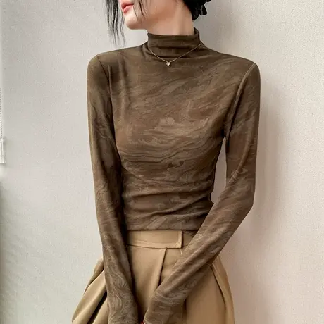 半高领扎染正肩别致外穿长袖T恤女秋季新款修身显瘦西装内搭上衣商品大图