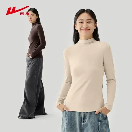 ZH回力杏色半高领打底衫女2025新款冬季加绒加厚保暖百搭上衣女商品大图